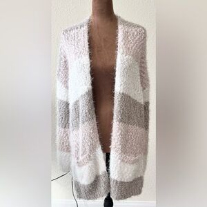Elegant Striped Women's Cardigan - Cream, Gray, and Brown